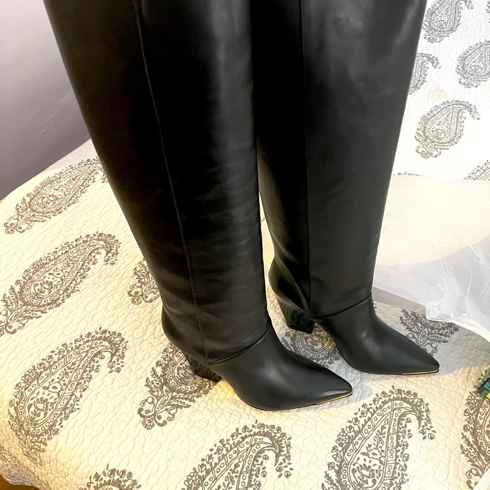 Tory Burch Lila boots, black leather, size 10, with gold accent along the toes
